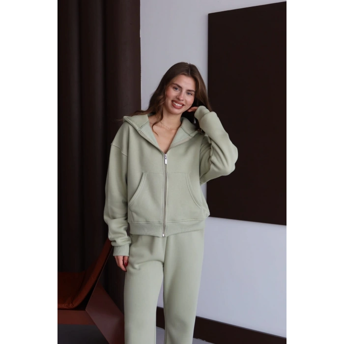 3 iplik şardonlu kapşonlu hoodie frm mint p510437