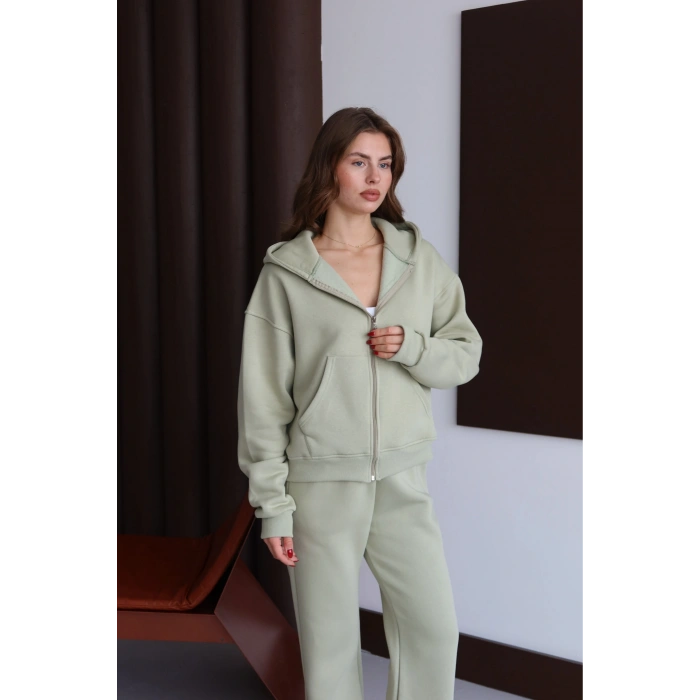 3 iplik şardonlu kapşonlu hoodie frm mint p510437