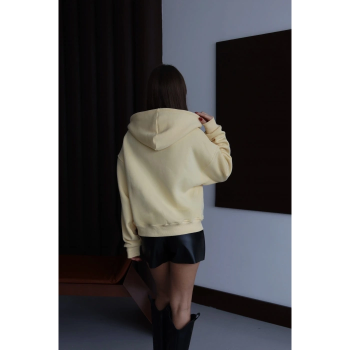 3 iplik şardonlu kapşonlu hoodie frm sarı p510437
