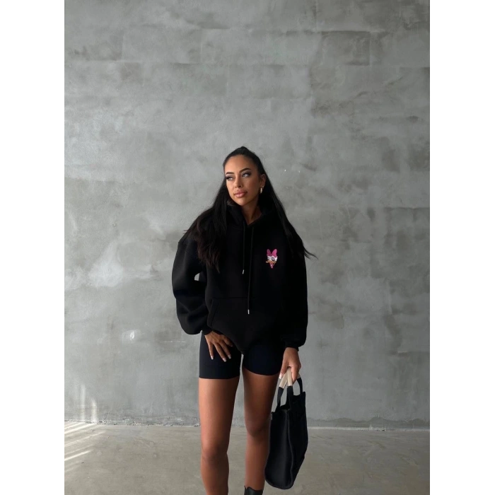 3 iplik şardonlu oversize compact ördek baskılı sweat siyah