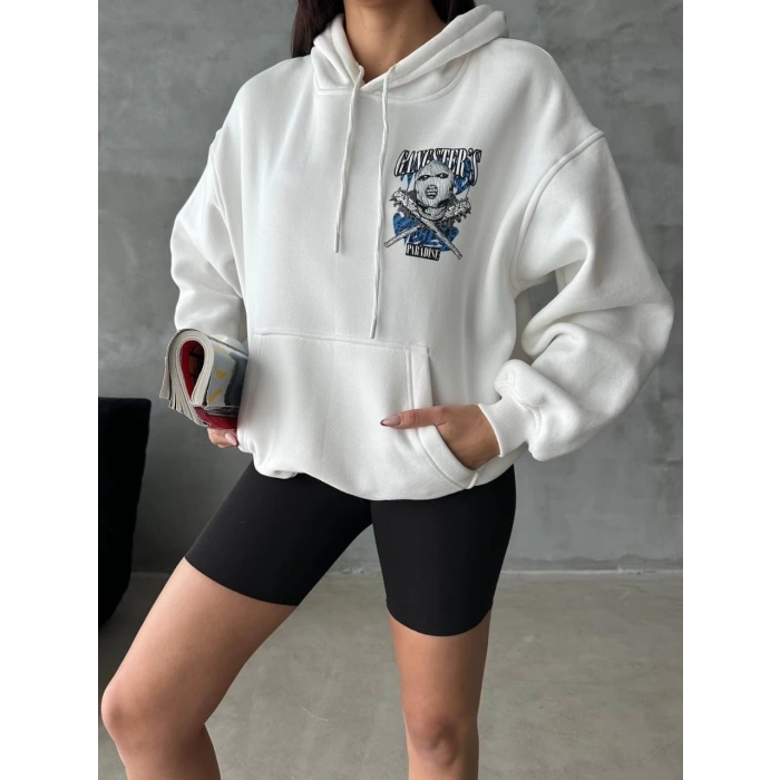 3 iplik şardonlu oversize kafa baskılı sweat beyaz