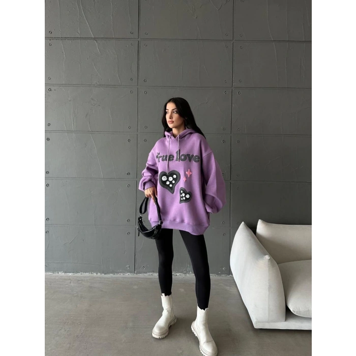 3 iplik şardonlu oversize true baskılı sweat mor