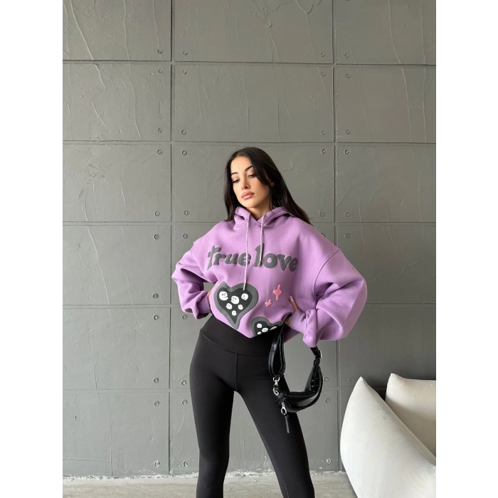 3 iplik şardonlu oversize true baskılı sweat mor