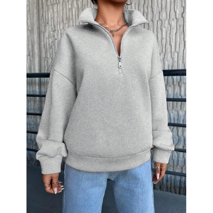 3 iplik Şardonlu yarım fermuarlı sweatshirt gri