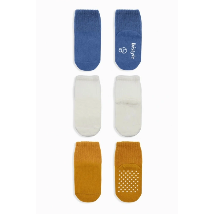 3Lü Basic Kaymaz Penye Soket Çorap 10107 İndigo Ekru Hardal
