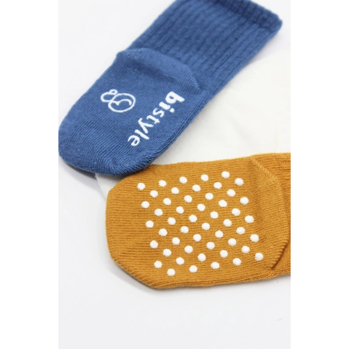 3Lü Basic Kaymaz Penye Soket Çorap 10107 İndigo Ekru Hardal