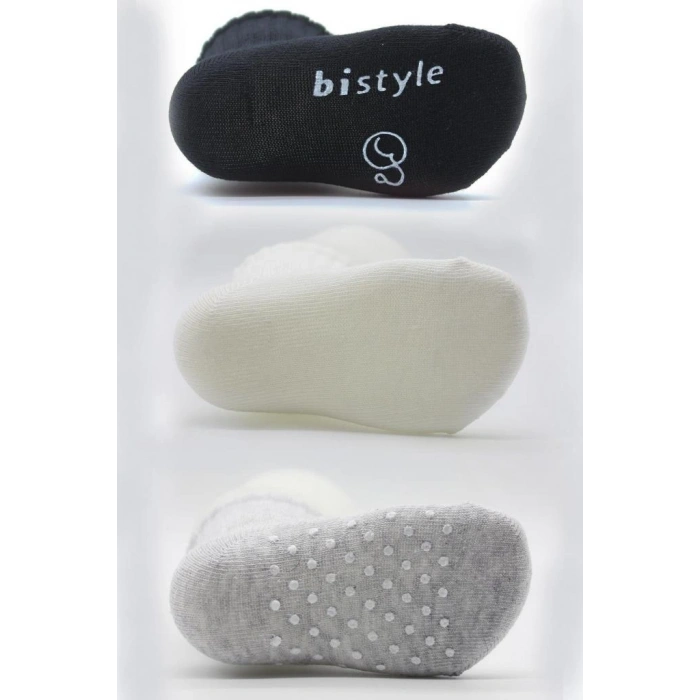 3Lü Basic Kaymaz Penye Soket Çorap 10107 Siyah Ekru Gri