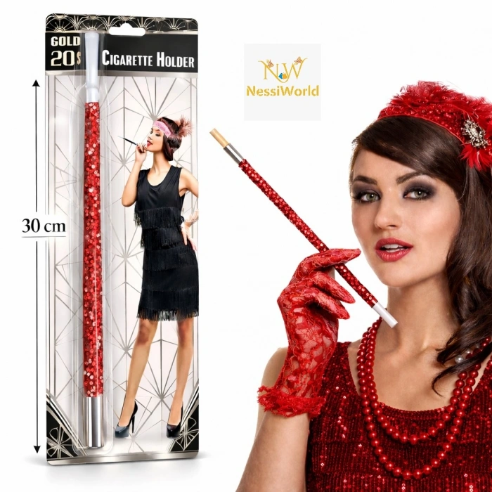 30 cm Kırmızı Payetli Sigara Tutacağı – 1920’ler Gatsby Parti Aksesuarı