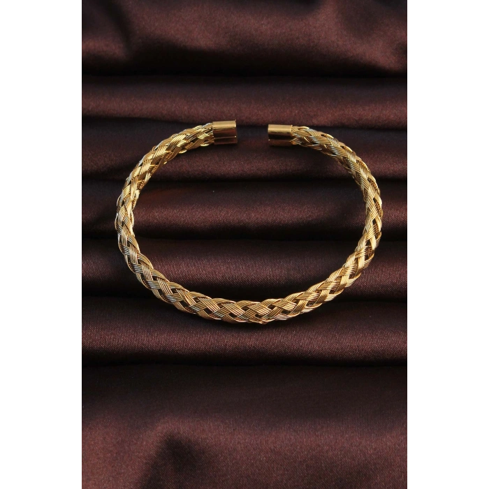 316L Çelik Altın Renk Kalın Yassı Örgü Model Erkek Bileklik