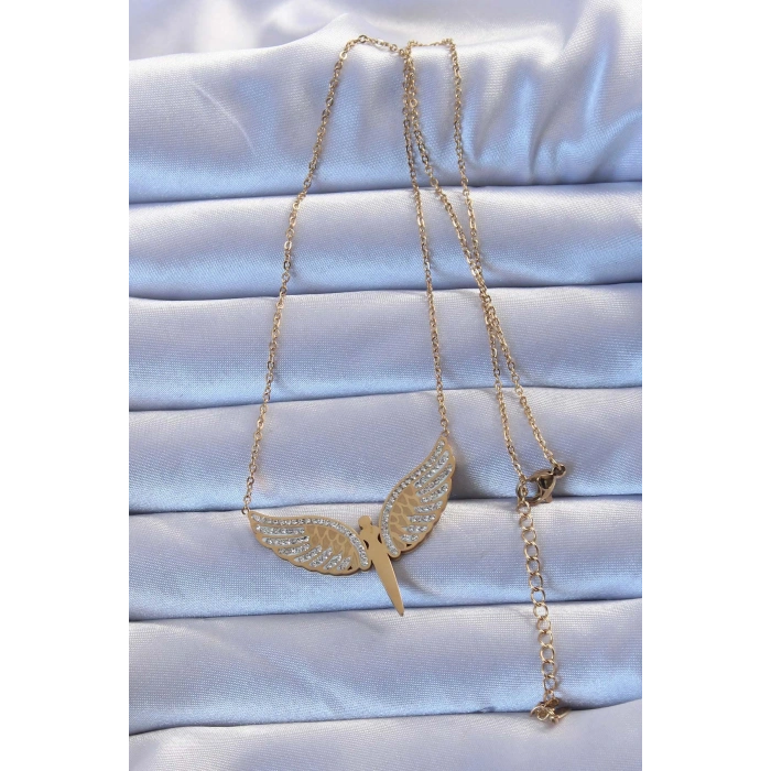 316L Çelik Altın Renk Zirkon Taşlı Mikail Kolye