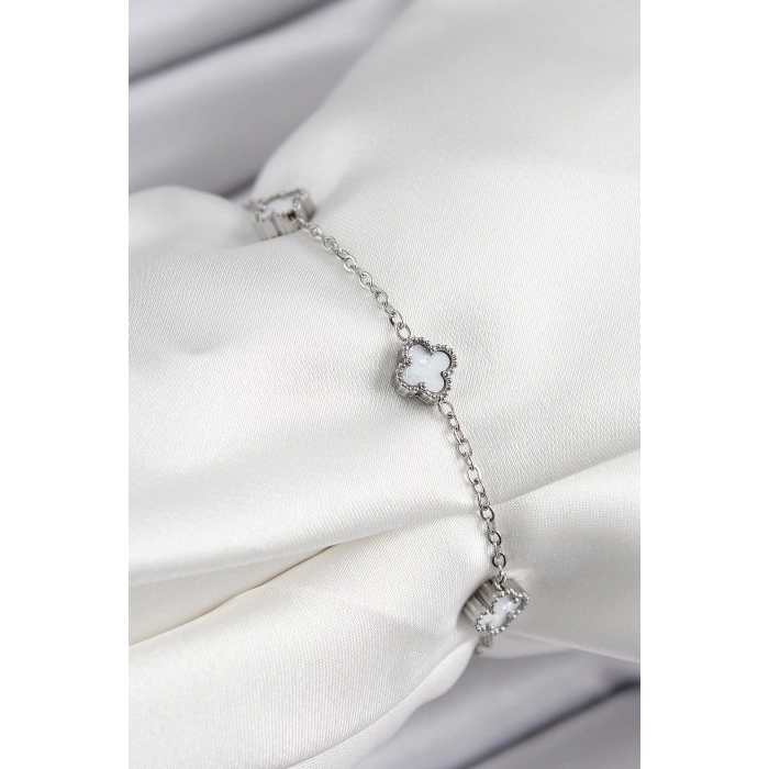 316L Çelik Beyaz Sedef Yonca Model Gümüş Renk Kadın Bileklik