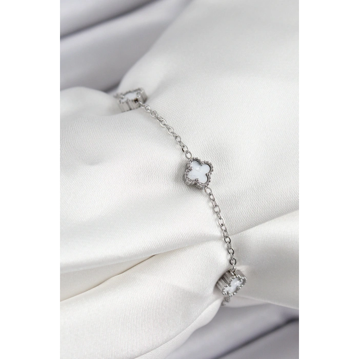 316L Çelik Beyaz Sedef Yonca Model Gümüş Renk Kadın Bileklik