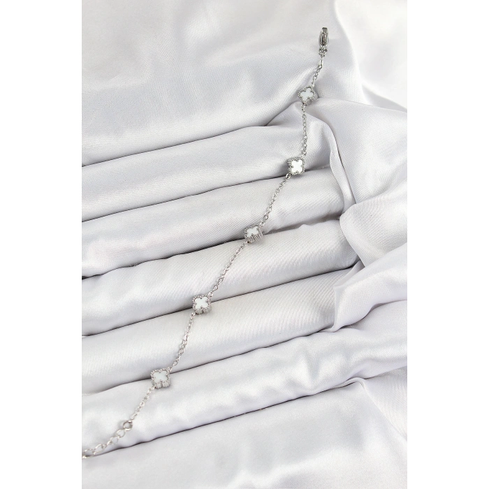 316L Çelik Beyaz Sedef Yonca Model Gümüş Renk Kadın Bileklik