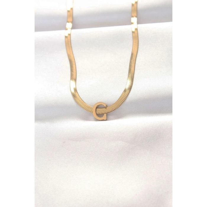 316L Çelik C Harfli Gold Renk İtalyan Zincirli Kolye