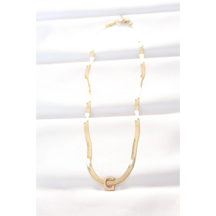 316L Çelik C Harfli Gold Renk İtalyan Zincirli Kolye