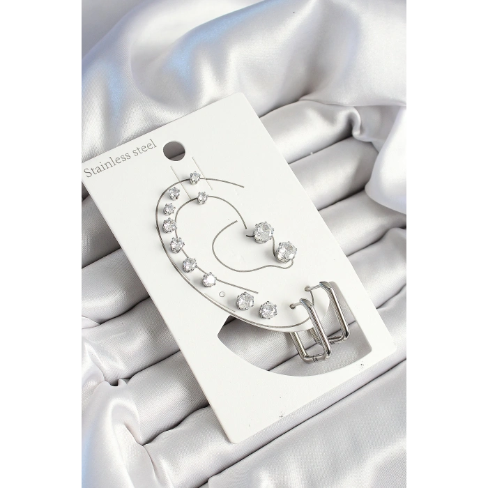 316L Çelik Dikdörtgen Figürlü Ve Zirkon Taşlı Gümüş Renk 7li Çift Kadın Küpe Set