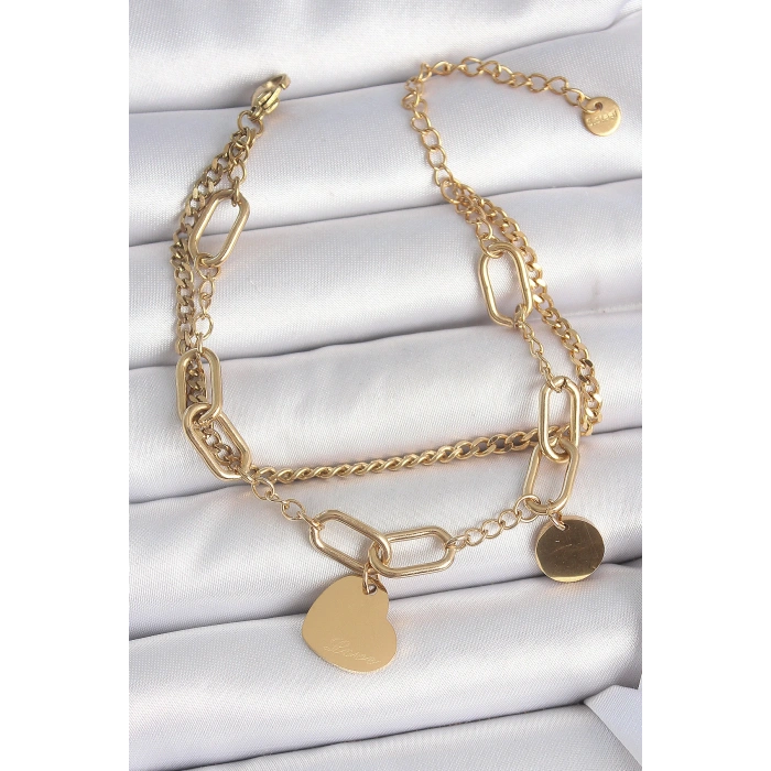 316L Çelik Gold Renk 2Li Zincir Model Sallantı Kalp Figür Kadın Bileklik