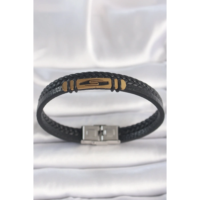 316L Çelik Gold Renk Aksesuarlı Çift Sıra Siyah Burgu Desenli Deri Kordon Erkek Bileklik