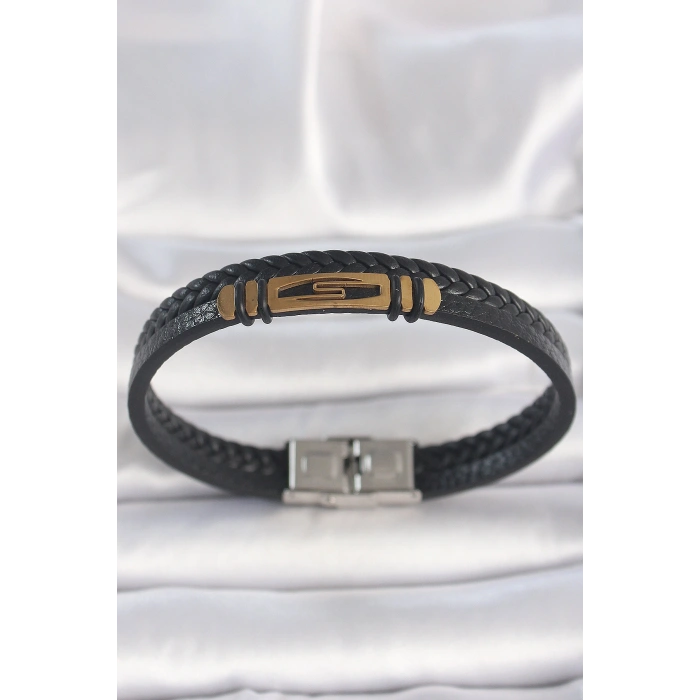 316L Çelik Gold Renk Aksesuarlı Çift Sıra Siyah Burgu Desenli Deri Kordon Erkek Bileklik
