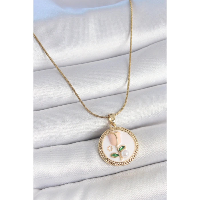 316L Çelik Gold Renk Beyaz Mineli İncili Çiçek İşlemeli Portre Model Kadın Kolye