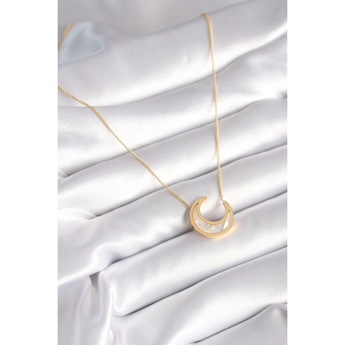 316L Çelik Gold Renk Beyaz Sedefli Hilal Model Kadın Kolye