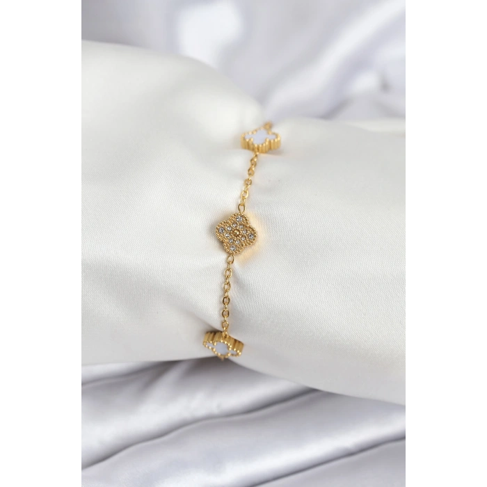 316L Çelik Gold Renk Beyaz ve Zirkon Taşlı Baby Boy Yonca Kadın Bileklik
