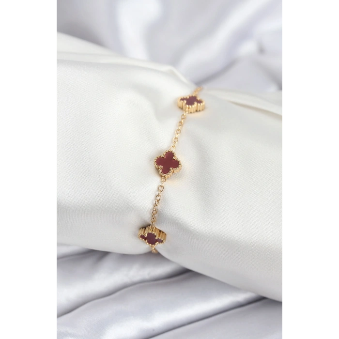 316L Çelik Gold Renk Bordo Baby Boy Yonca Kadın Bileklik