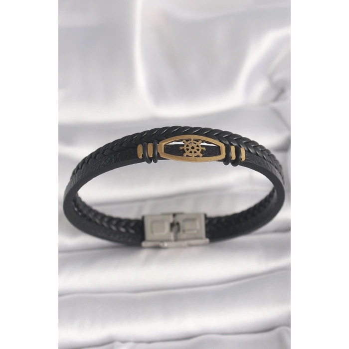 316L Çelik Gold Renk Gemi Dümen Figür Siyah Renk Çift Sıra Burgu Desenli Deri Kordon Erkek Bileklik