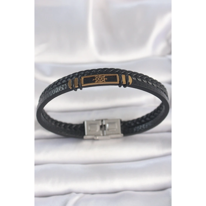 316L Çelik Gold Renk Gemi Dümeni Aksesuarlı Çift Sıra Burgu Desenli Deri Kordon Erkek Bileklik