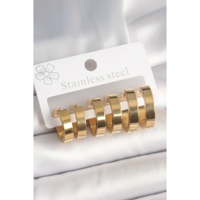 316L Çelik Gold Renk Halka Model Kadın Küpe Seti