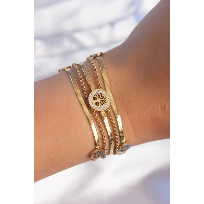 316L Çelik Gold Renk İtalyan Zincir Detaylı Zirkon Taşlı Yaşam Ağacı Tasarımlı Çoklu Bileklik