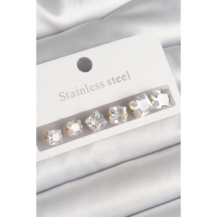 316L Çelik Gold Renk Kare Zirkon Taş Model Kadın Küpe Seti