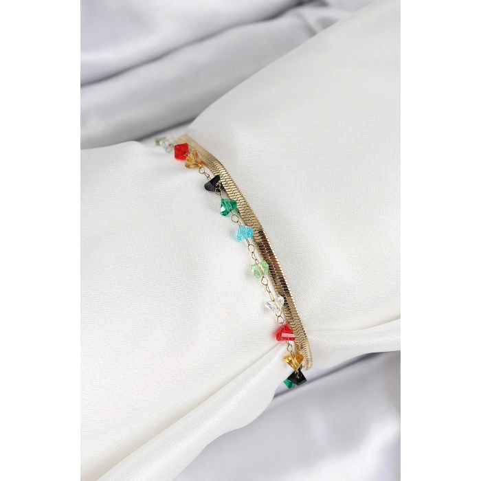 316L Çelik Gold Renk Kristal Karışık Renkli Taşlı 2li Kadın Bileklik