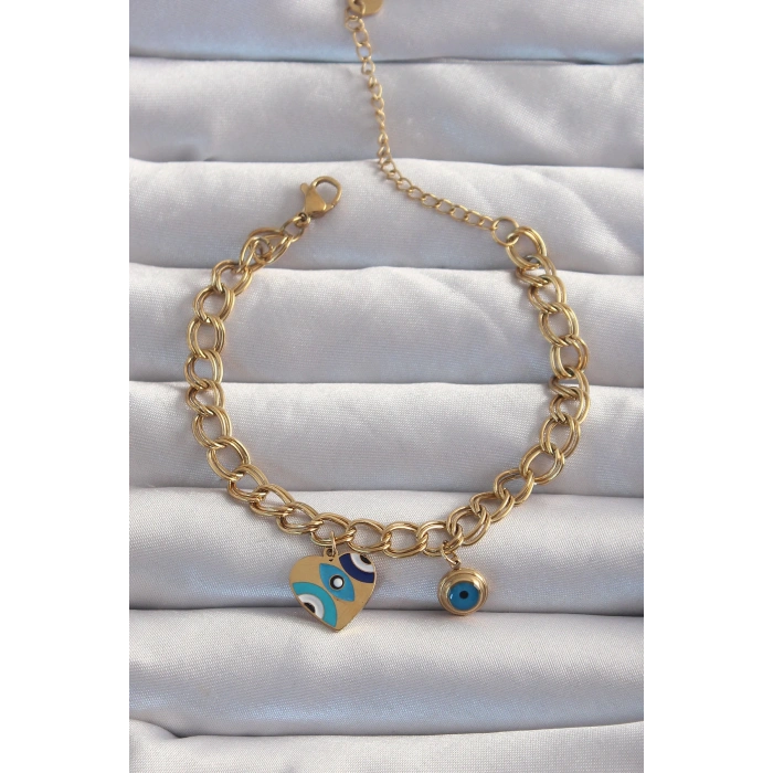316L Çelik Gold Renk Nazarlı Kalp Model Zincir Bileklik