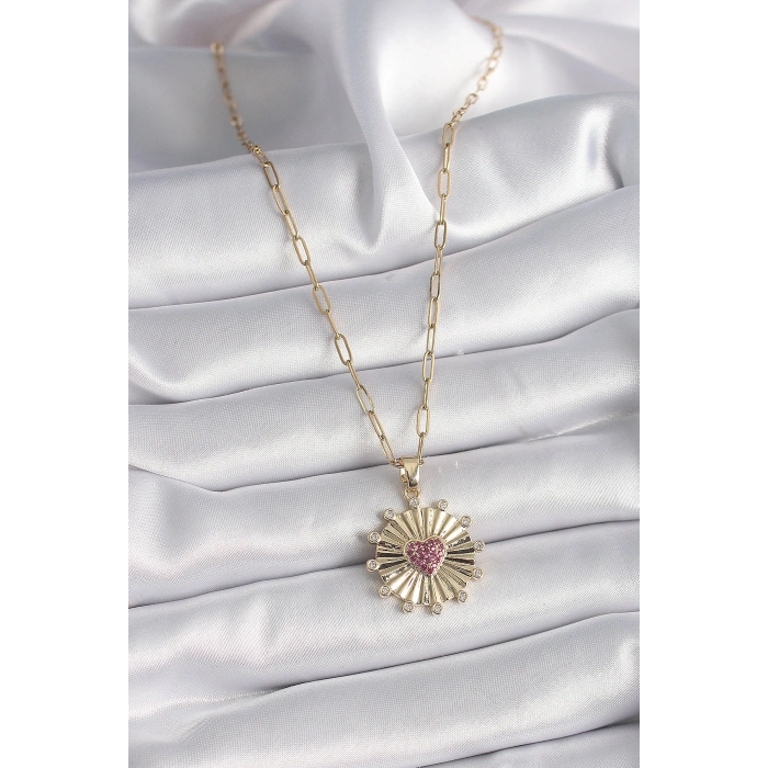 316L Çelik Gold Renk Pembe Zirkon Taşlı Kalp İşleme Madalyon Model Kadın Kolye