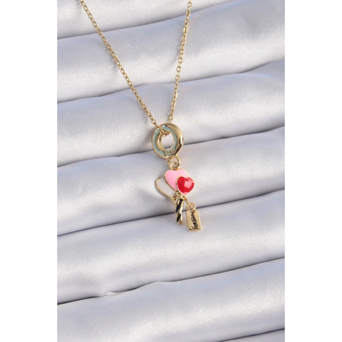 316L Çelik Gold Renk Renkli Kalp Figür Charm Model Kadın Kolye