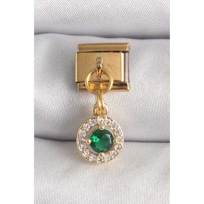 316L Çelik Gold Renk Sallantı Yeşil Zirkon Taşlı Nomination Charm