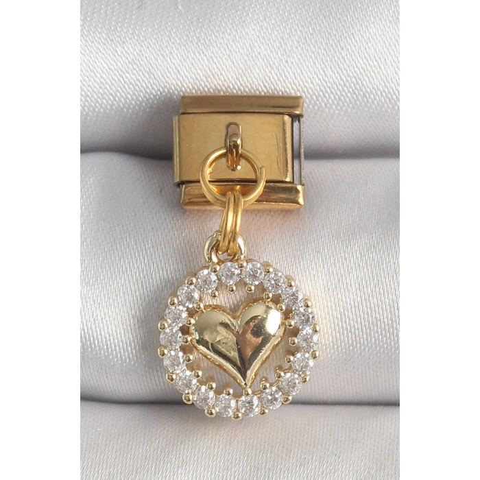 316L Çelik Gold Renk Sallantı Zirkon Taşlı Kalp Model Nomination Charm