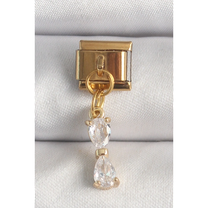 316L Çelik Gold Renk Sallantı Zirkon Taşlı Kurdele Model Nomination Charm