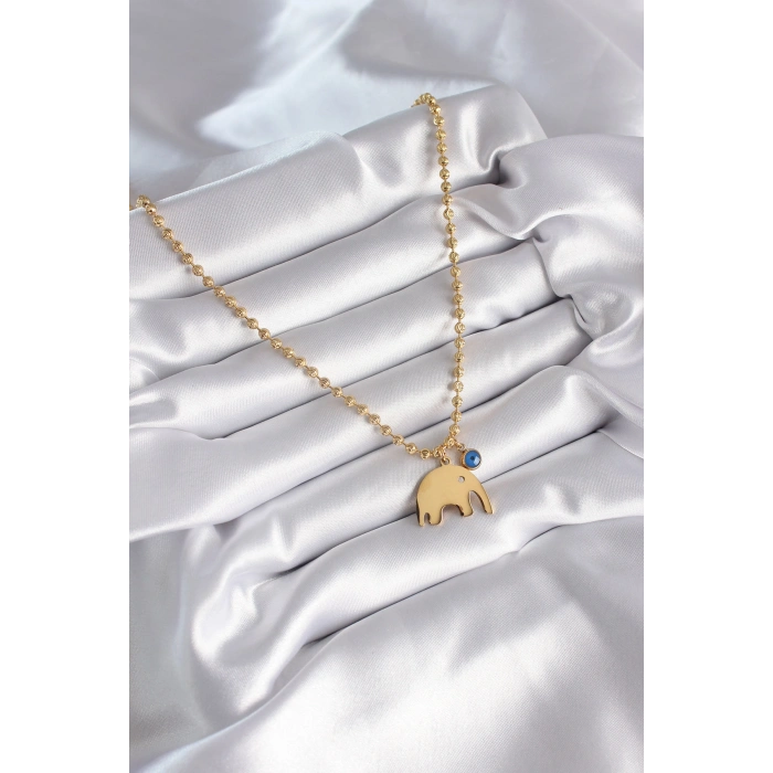 316L Çelik Gold Renk Top Zincir Model Fil Figür Nazar Boncuk Detay Kadın Kolye
