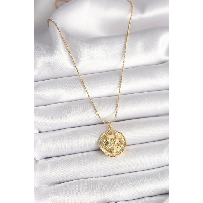 316L Çelik Gold Renk Topçuk Zincir Yılan İşlemeli Zirkon Taş Detaylı Madalyon Model Kadın Kolye