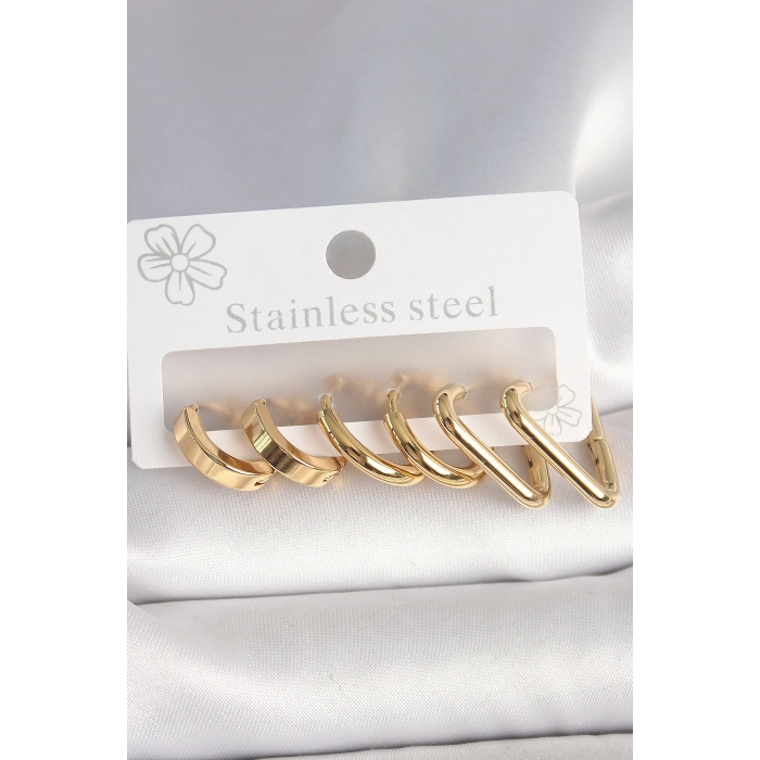 316L Çelik Gold Renk Üçgen Halka Model Kadın Küpe Seti