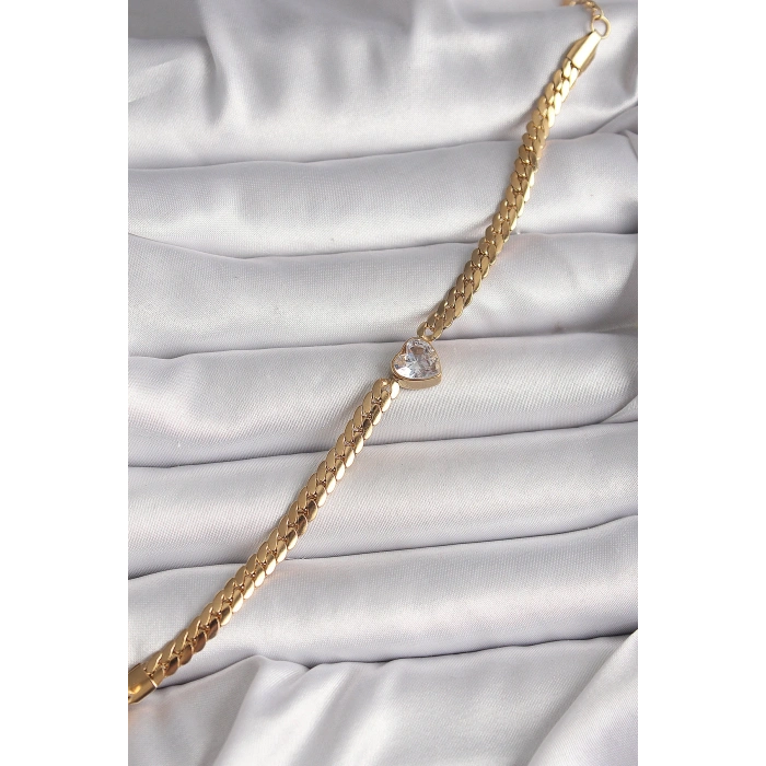 316L Çelik Gold Renk Yassı Zincir Model Zirkon Taşlı Kalp Figür Kadın Bileklik