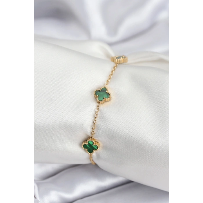 316L Çelik Gold Renk Yeşil Baby Boy Yonca Kadın Bileklik