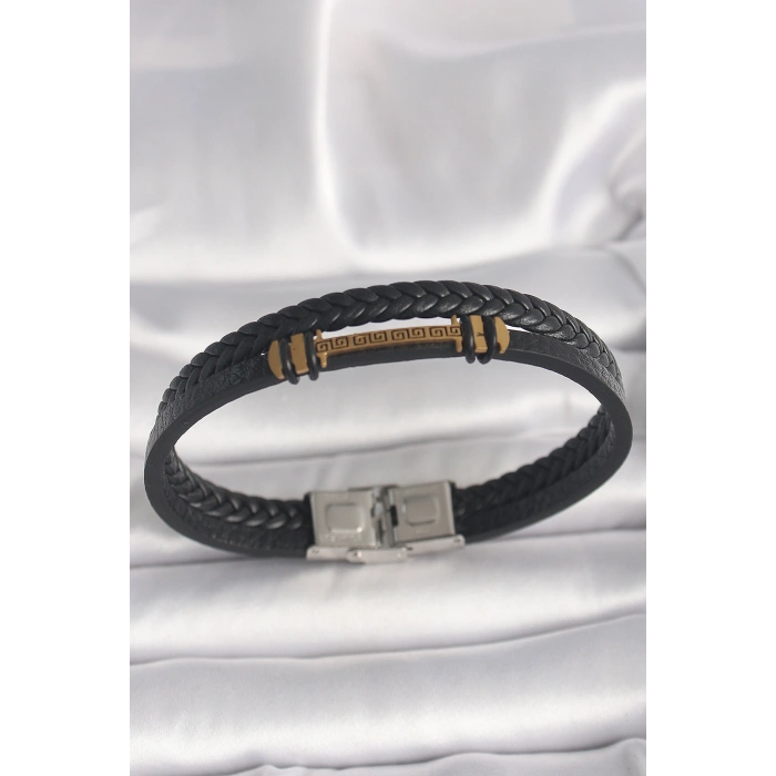316L Çelik Gold Renk ZikZak İşlemeli Aksesuarlı Çift Sıra Burgu Desenli Deri Kordon Erkek Bileklik