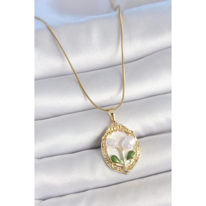 316L Çelik Gold Renk Zincir Beyaz Mineli İncili Çiçek İşlemeli Portre Model Kadın Kolye