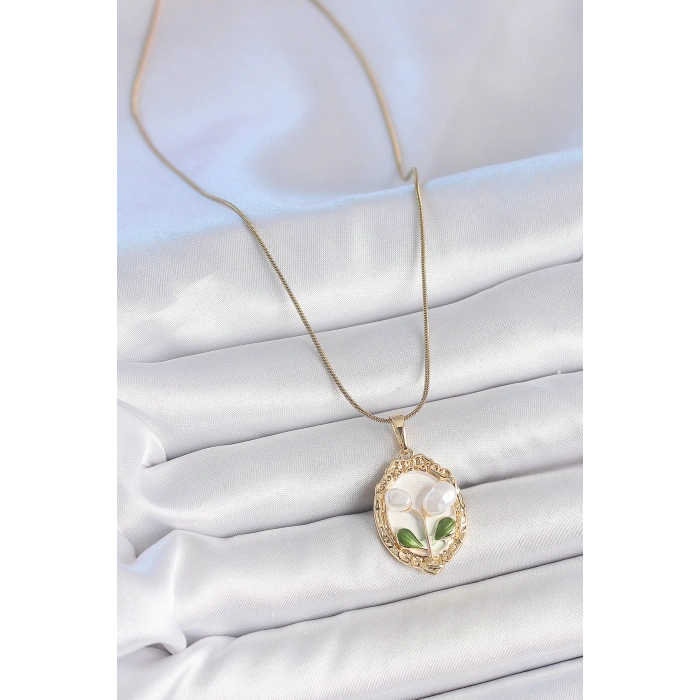 316L Çelik Gold Renk Zincir Beyaz Mineli İncili Çiçek İşlemeli Portre Model Kadın Kolye