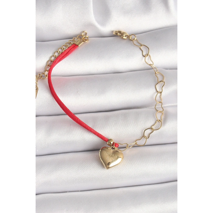 316L Çelik Gold Renk Zincir Kırmızı İp Model Sallantı Kalp Figür İşleme Detaylı Kadın Bileklik