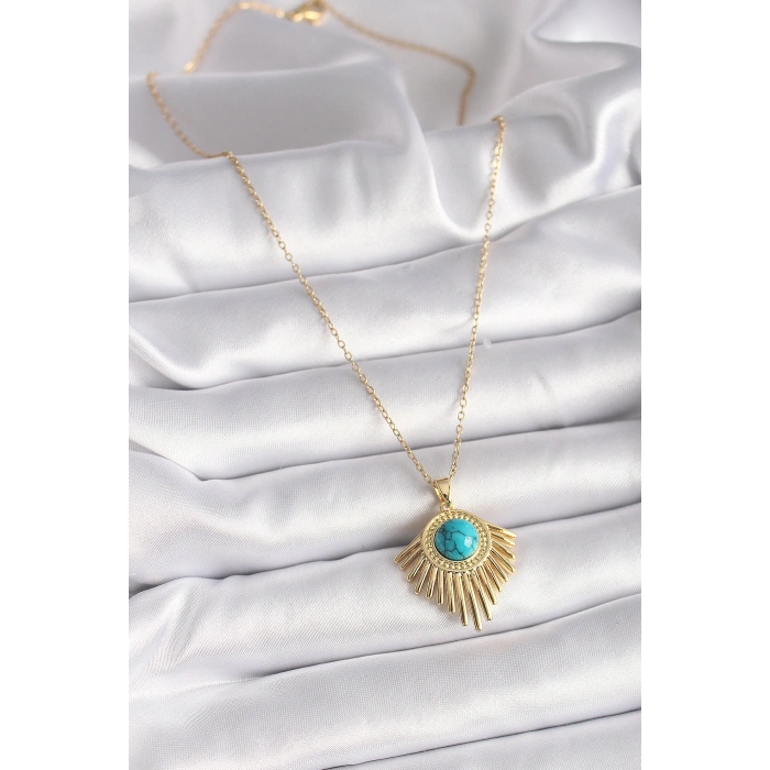 316L Çelik Gold Renk Zincir Mavi Boncuk Güneş Model Kadın Kolye