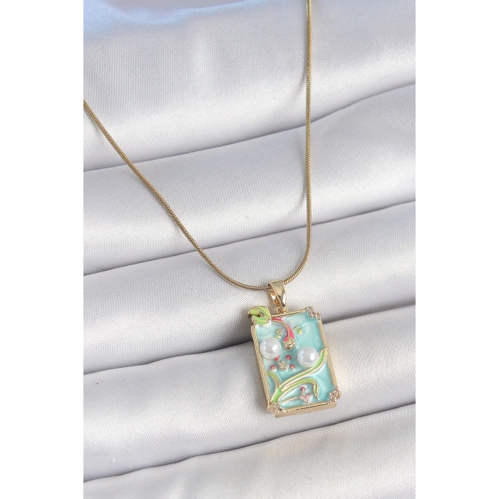 316L Çelik Gold Renk Zincir Mavi Mineli İncili Çiçek İşlemeli Portre Model Kadın Kolye